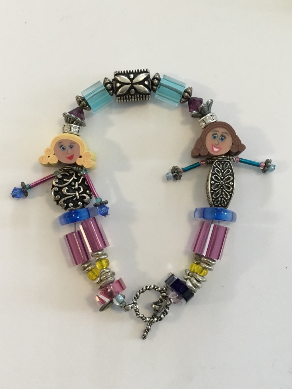 Artisan Bracelet - Two Women/ Girls  Made of Beads & Art Clay Faces- Whimsical